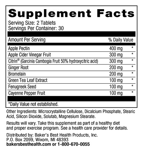 Baker's Best Apple Cider Vinegar Supplement Facts Panel