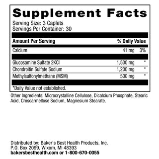 Baker's Best Triple Action Joint Formula Supplement Facts Panel