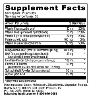Baker's Best Mind and Memory Formula Supplement Facts Panel