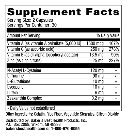 Baker's Best Vision Formula Supplement Facts Panel